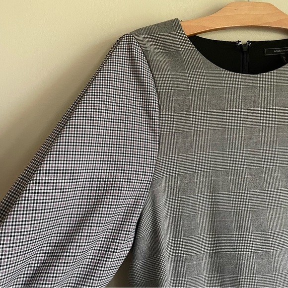 BCBGMaxazria Plaid Shift Dress Long Sleeve Mini Prep Tartan Grey White Large - Picture 6 of 13